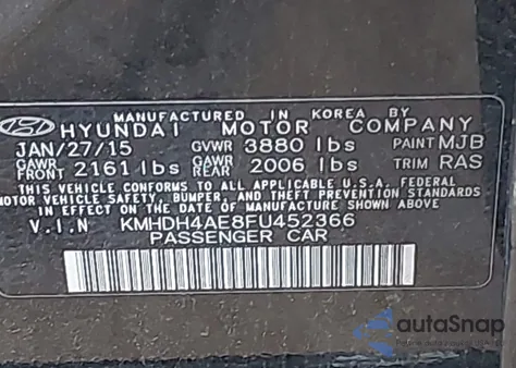 2015 Hyundai Elantra Se из США, поврежденный, VIN KMHDH4AE8FU452366